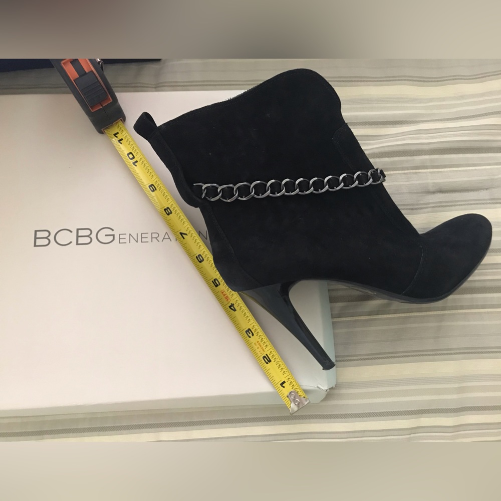BCBG Dressy Black Suede Boots with Chain Detail